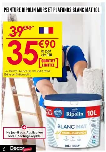 RIPOLIN Peinture murs et plafonds blanc mat 10L