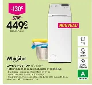 WHIRLPOOL Lave-linge top TDLR6261FR