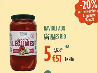 LA VIE CLAIRE Ravioli aux légumes bio 1 Kilo