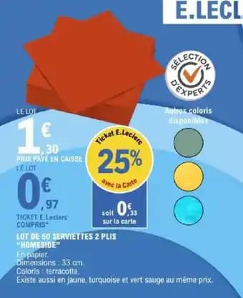 "HOMESIDE" Lot de 50 serviettes 2 plis