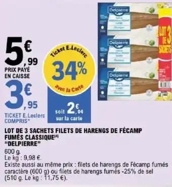 "DELPIERRE" Lot de 3 sachets filets de harengs de fécamp fumés classique (4) 600 g