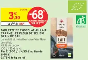 Tablette de chocolat au lait caramel et fleur de sel bio grain de sail 100 g