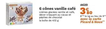 6 cônes vanille café crèmes glacées vanille et café, décor craquant au cacao et pépites de chocolat 432 g