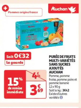 AUCHAN Purée de fruits multi-variétés sans sucres ajoutés 12 x 90 g