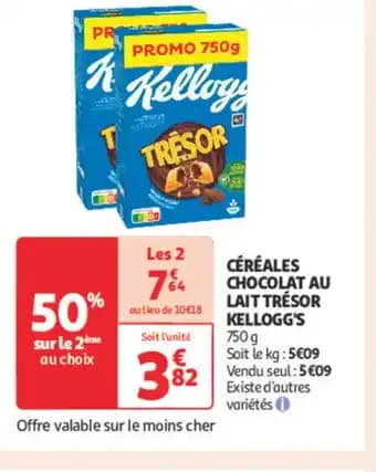 KELLOGG'S Céréales chocolat au lait trésor 750 g
