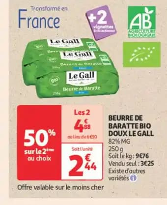 LE GALL Beurre de baratte bio doux 250 g