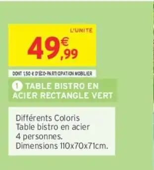 TABLE BISTRO EN ACIER RECTANGLE VERT