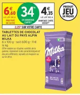 MILKA TABLETTES DE CHOCOLAT AU LAIT DU PAYS ALPIN