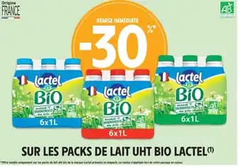 LACTEL -30% remise immédiate sur les packs de lait UHT bio LACTEL