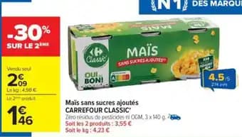 Maïs sans sucres ajoutés carrefour classic 3 x 140 g
