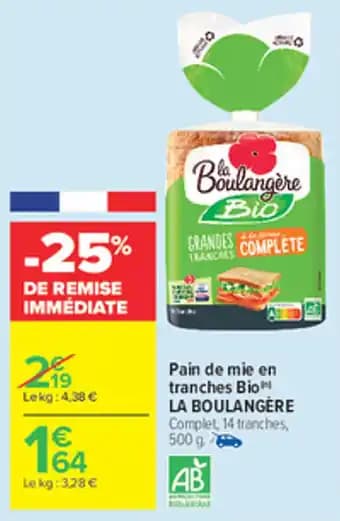 LA BOULANGERE Pain de mie en tranches Bio 500 g