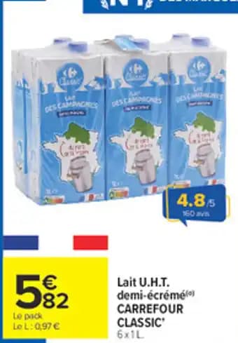 CARREFOUR CLASSIC Lait U.H.T. demi-écréme 6 x 1 l